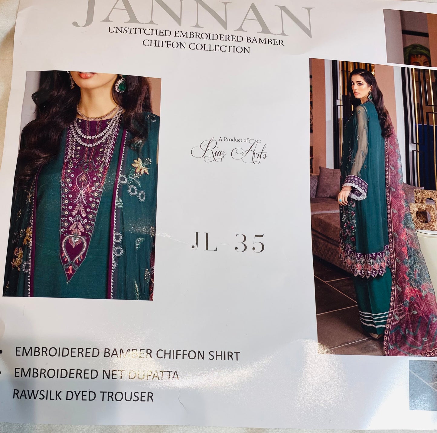 Unstitched Jannan Riyaz Arts Chiffon Embroidered Suit