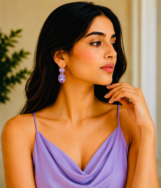 Zircon Pear Drop Gold Plated Earrings Lilac