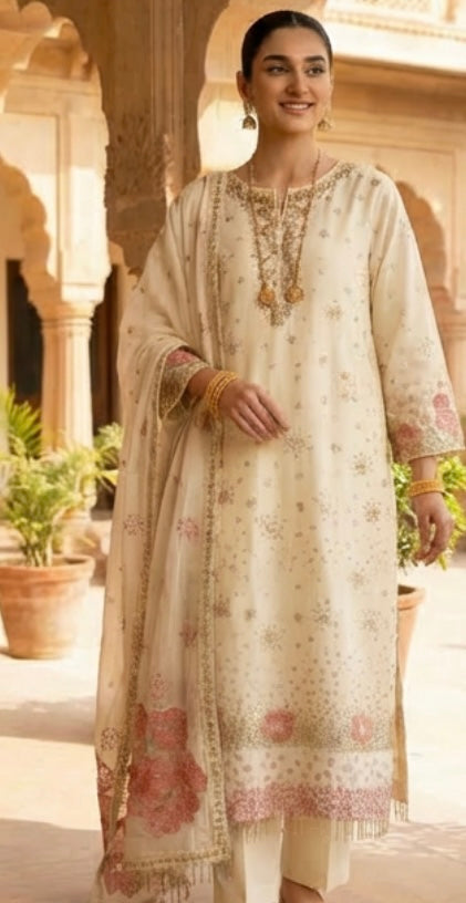 Sequins & Chiffon Cream Suit