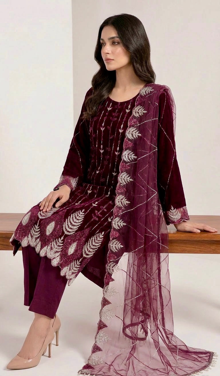 Purple Cutdana Net Suit
