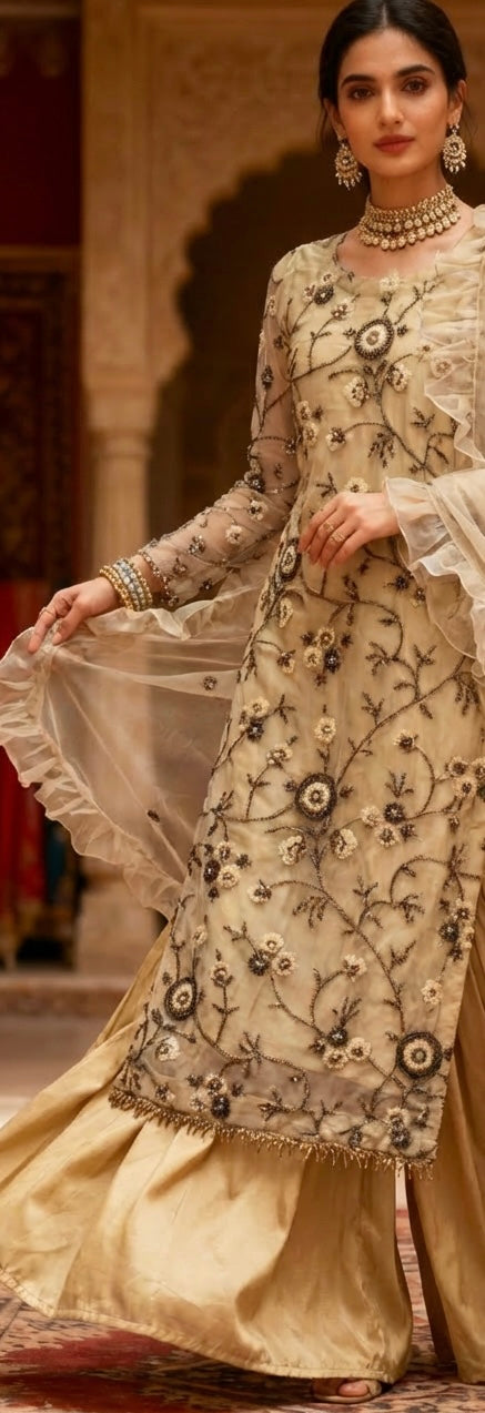 Net Cutdana Sharara Suit Gold