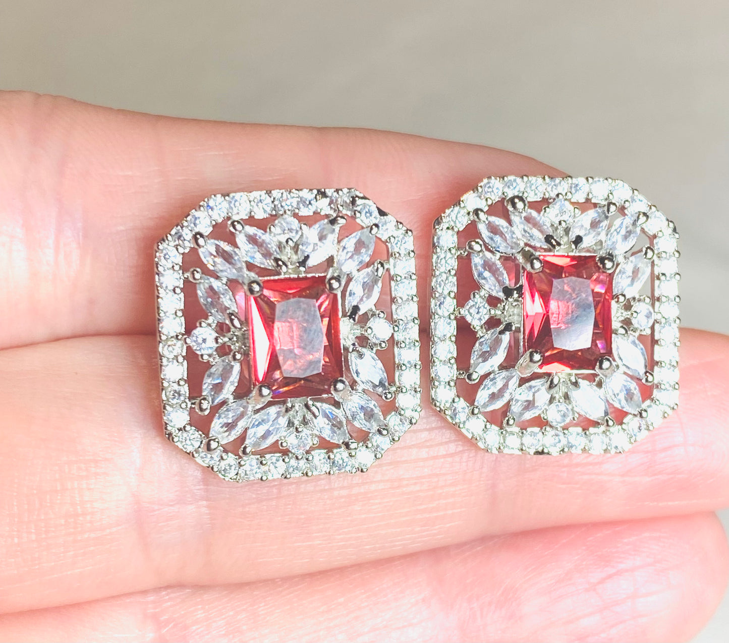 AD Princess Cut Pink & Silver Earrings
