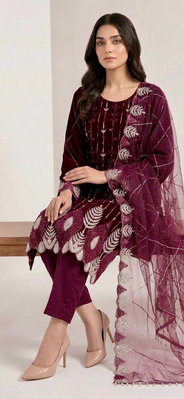 Purple Cutdana Net Suit