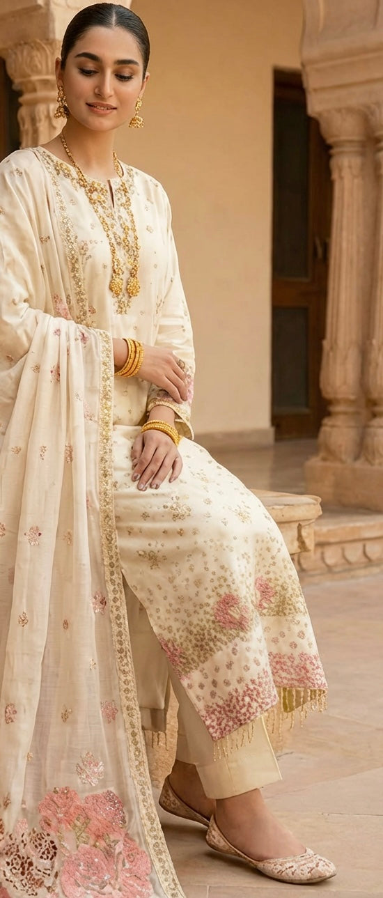 Sequins & Chiffon Cream Suit