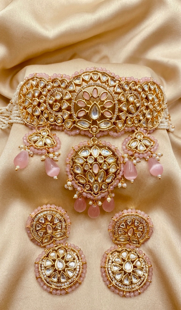 Gold Plated 2 Piece Kundan Set Pink