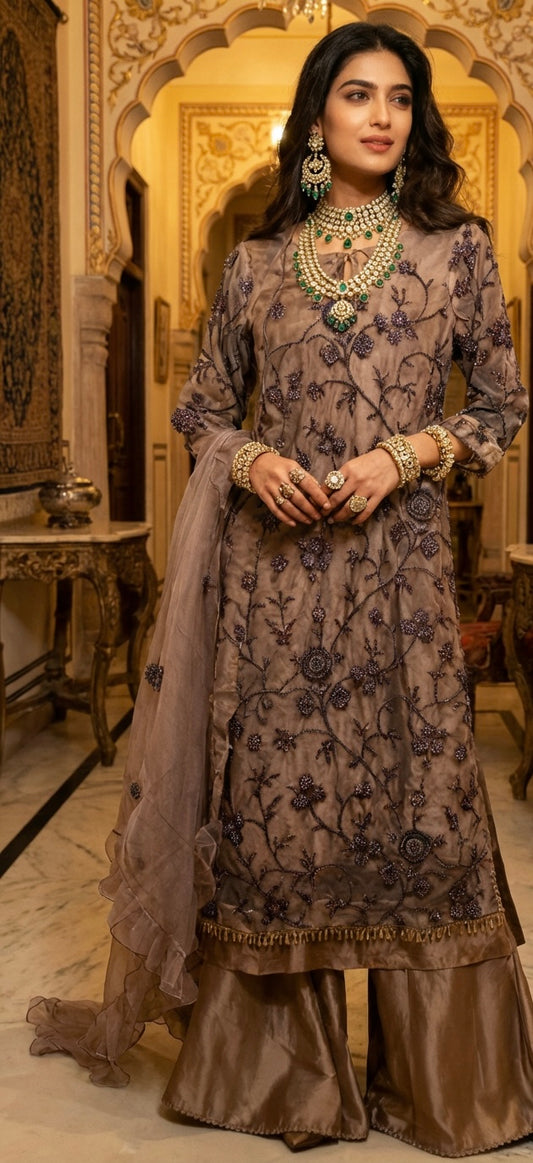 Cutdana Net Sharara Suit Mocha