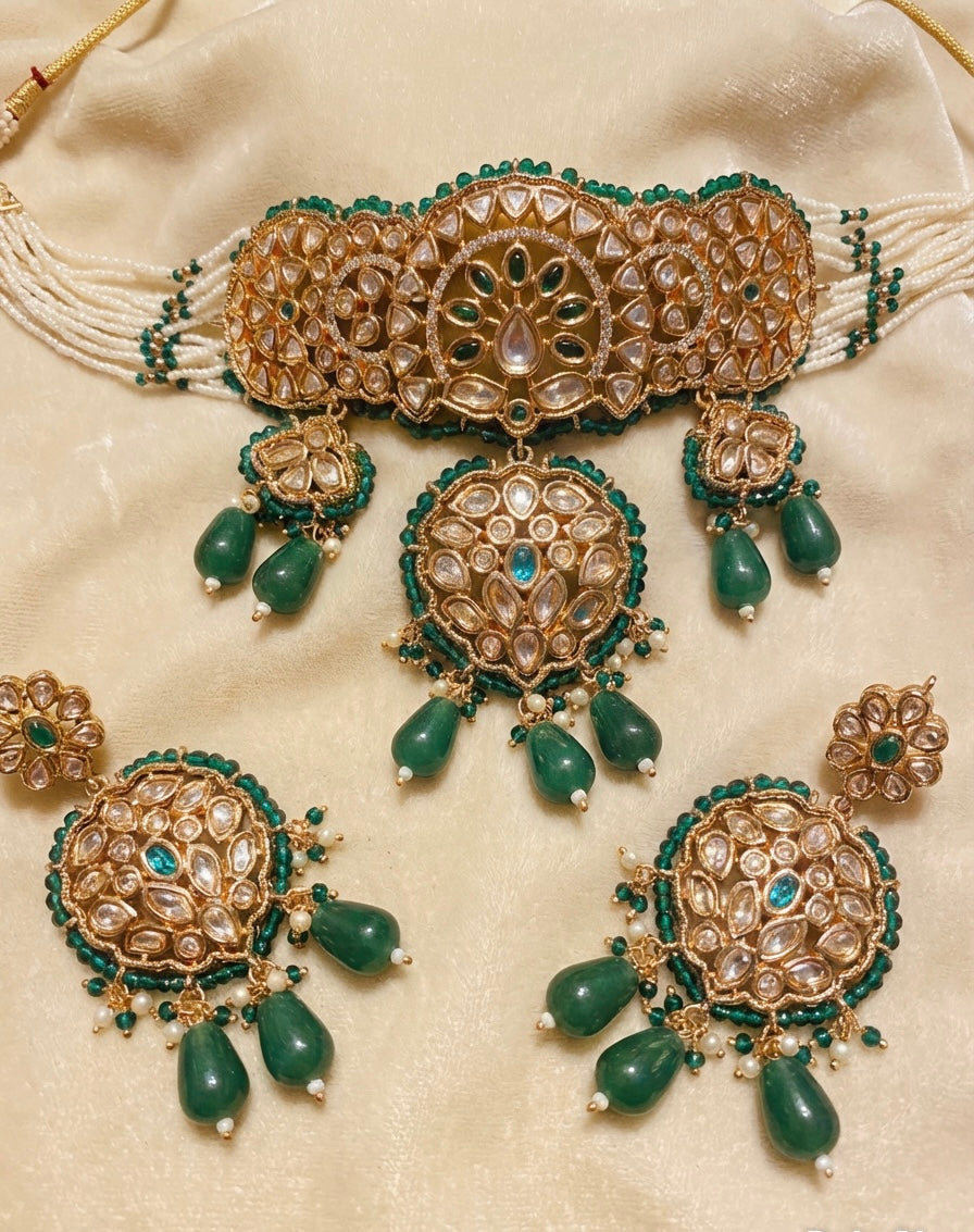 Gold Plated 2 Piece Kundan Set Green
