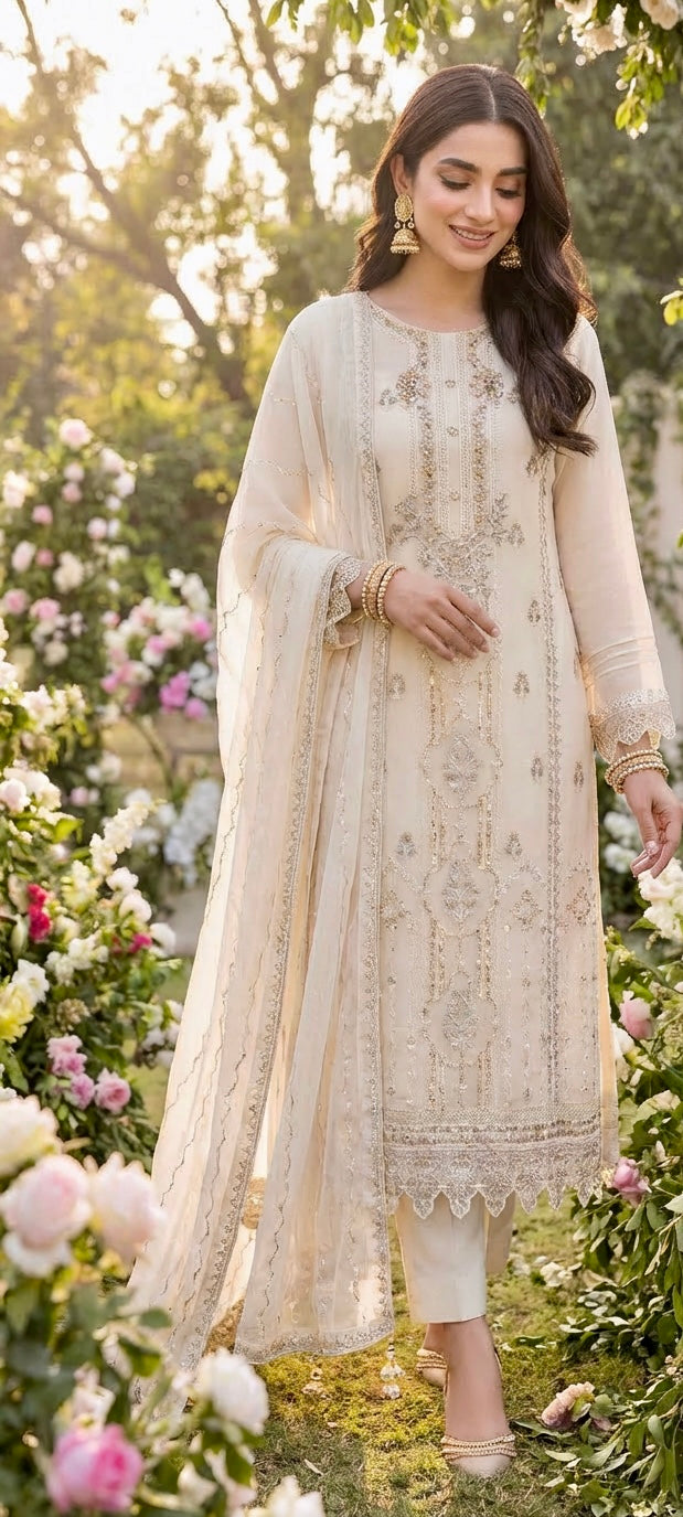 Embroidered Chiffon Suit Cream