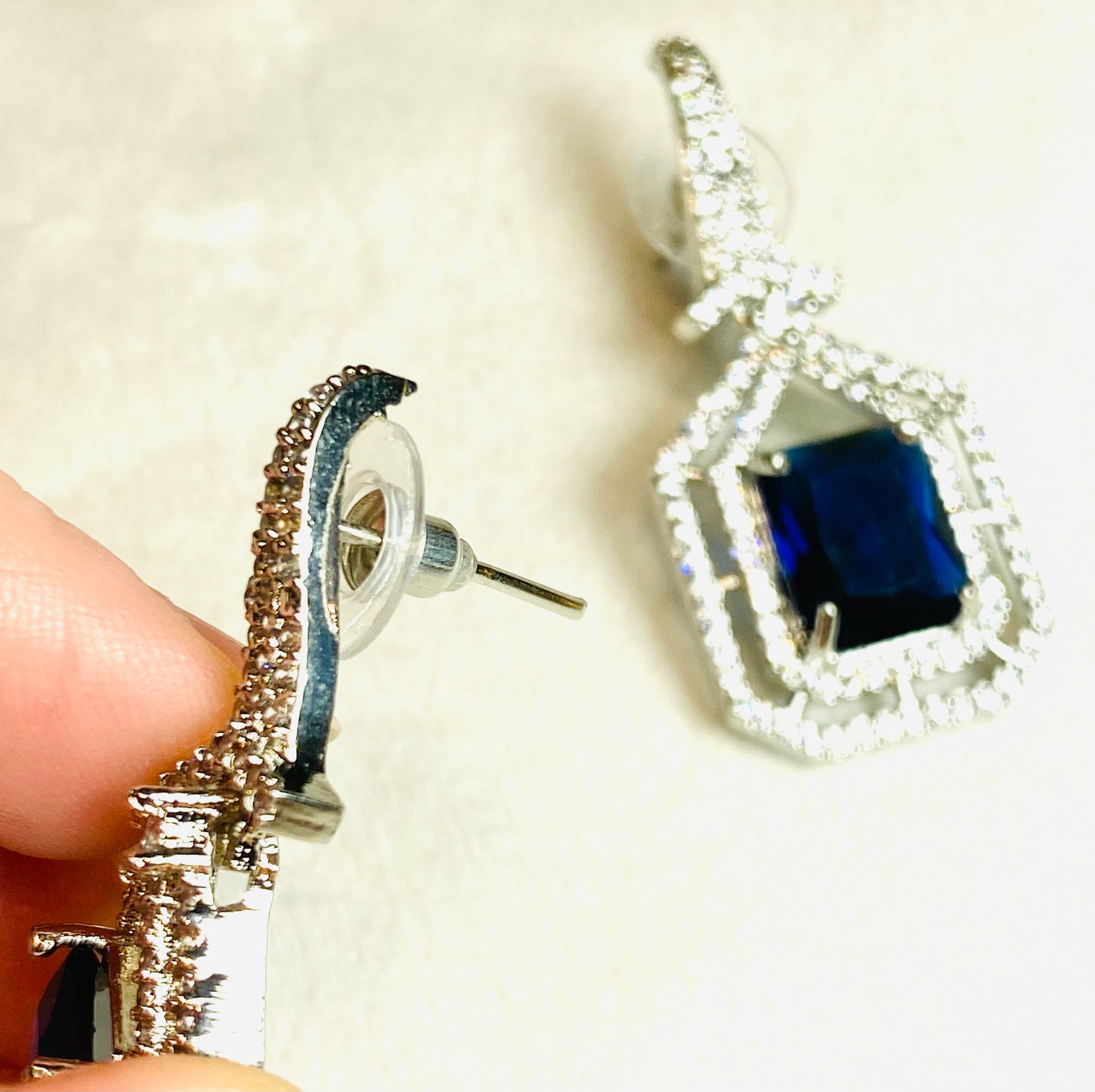 AD Blue Princess Cut Stone Silver Earrings