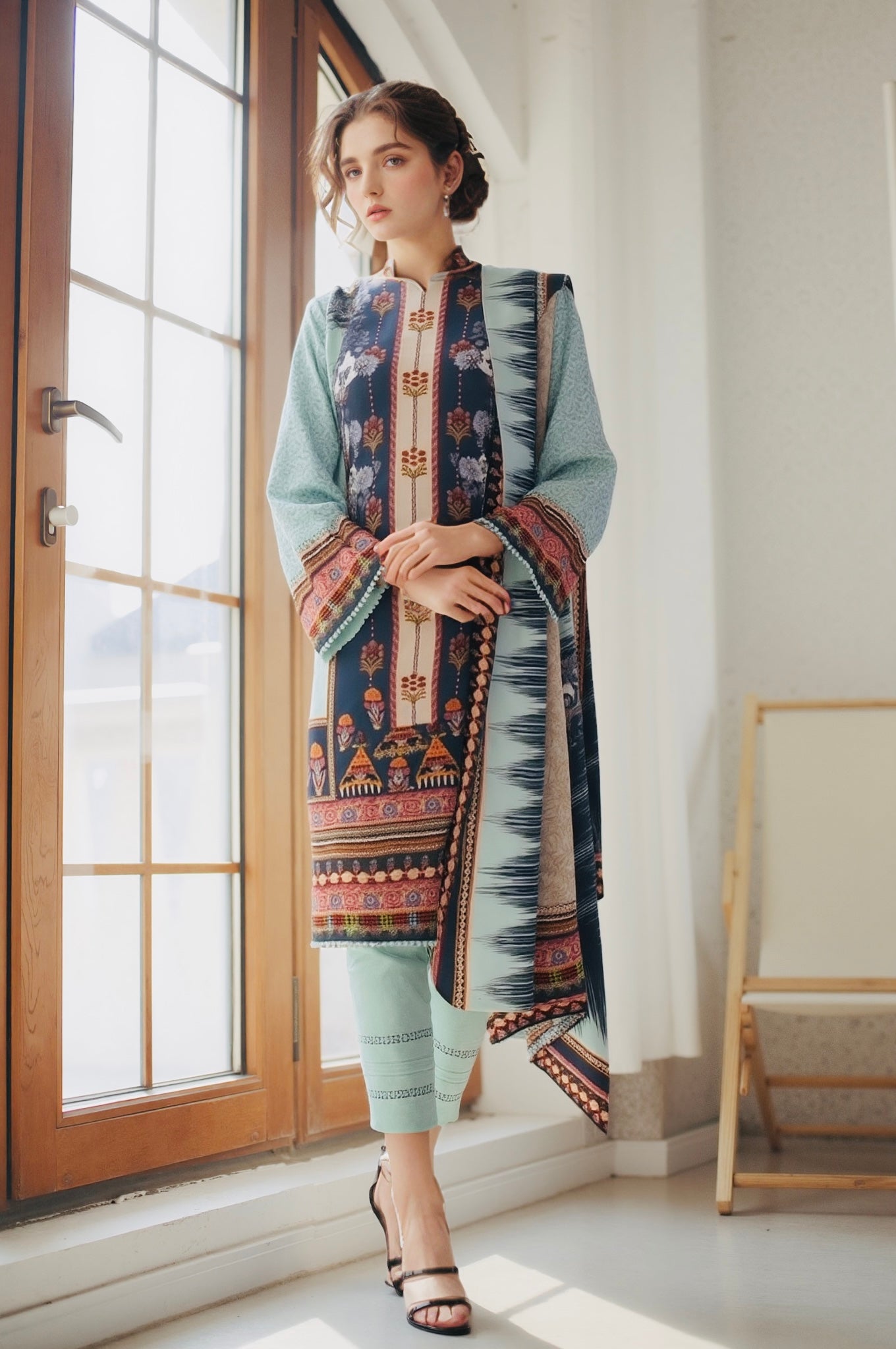 Gul Ahmed Linen 3 Piece Suit Sky Blue