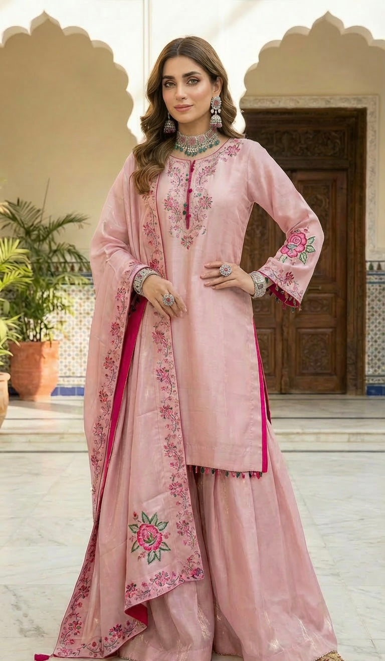 Velvet Silk Block Print Sharara Suit Pinki