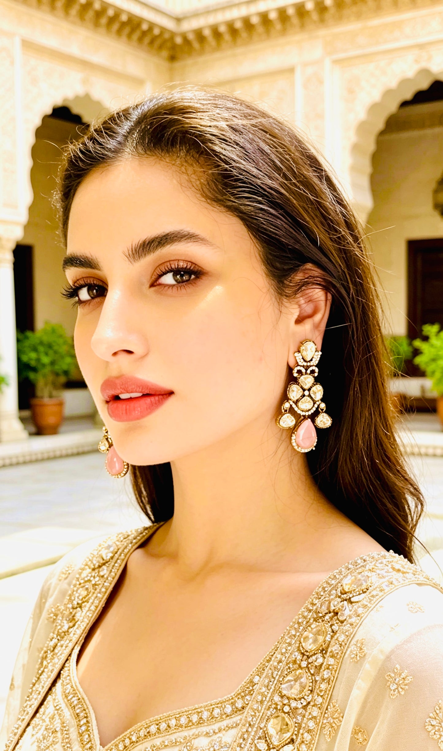 Kundan Moissanite Earrings Gold Plated Pink