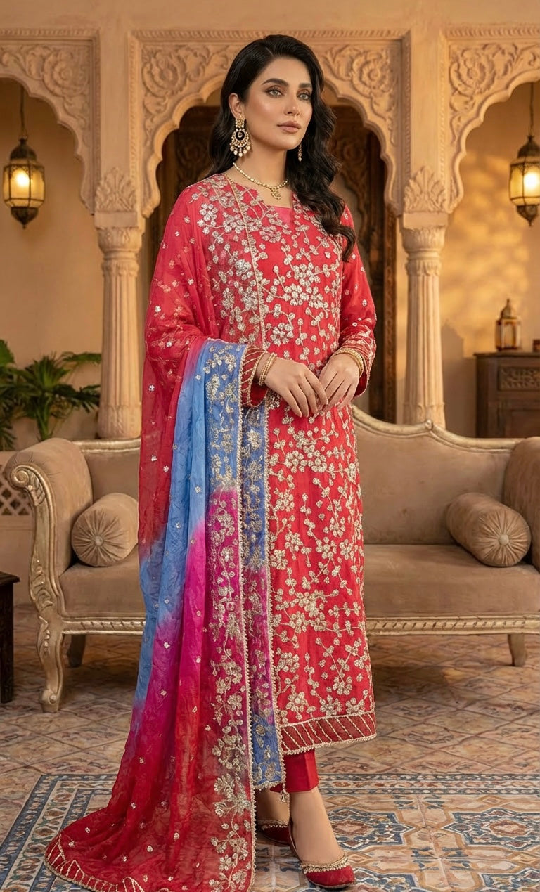 Hand Gota Work Chiffon Suit Red