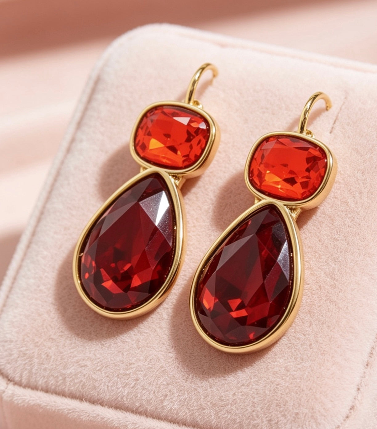 Zircon Pear Drop Gold Plated Earrings Red