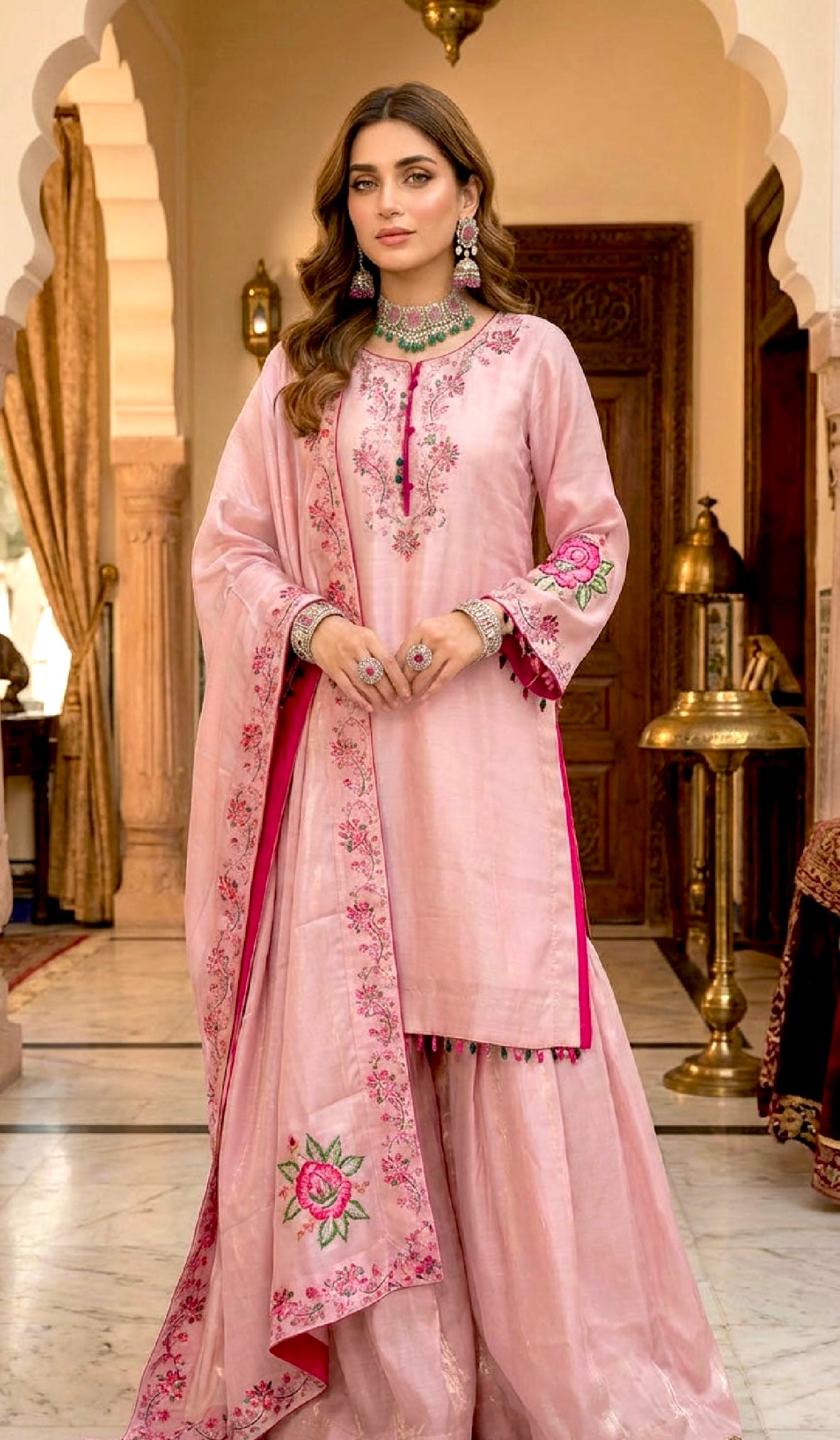 Shimmer Velvet Silk Block Print Sharara Suit Pink