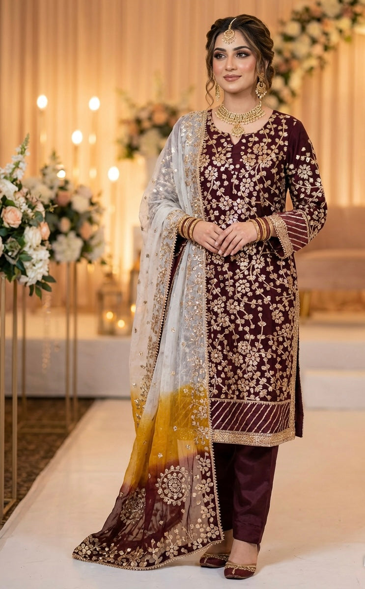Burgundy Hand Gota Work Suit