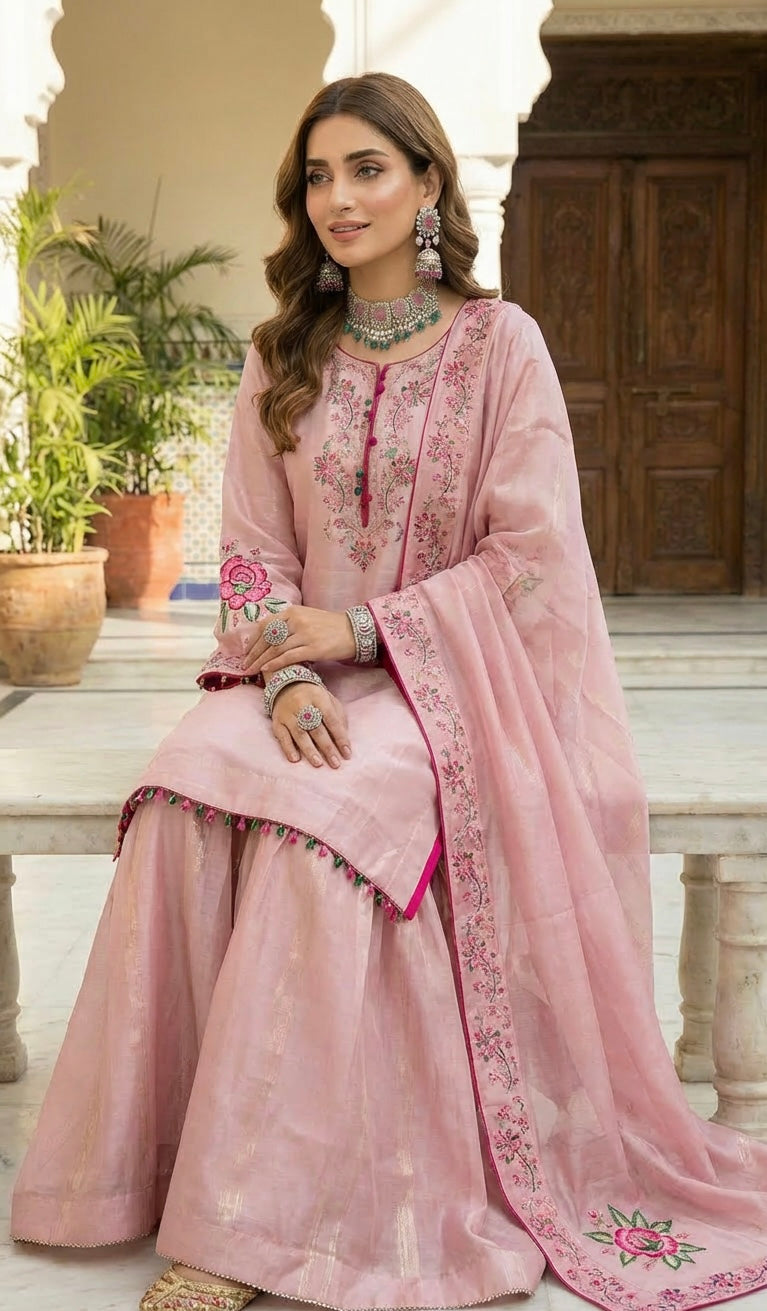 Velvet Silk Block Print Sharara Suit Pinki