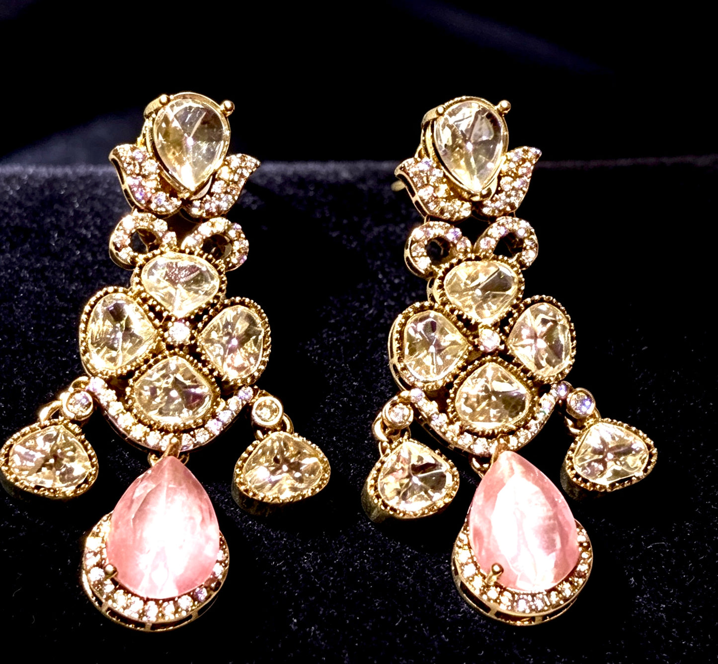 Kundan Moissanite Earrings Gold Plated Pink