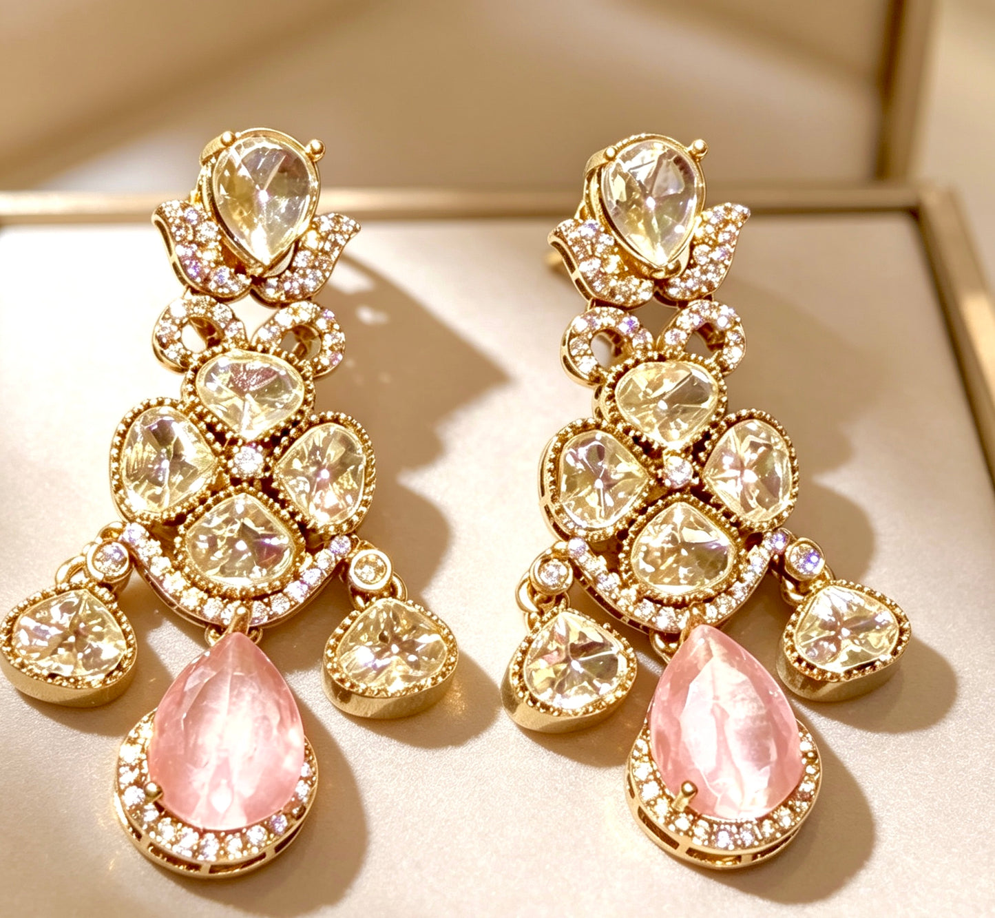 Kundan Moissanite Earrings Gold Plated Pink