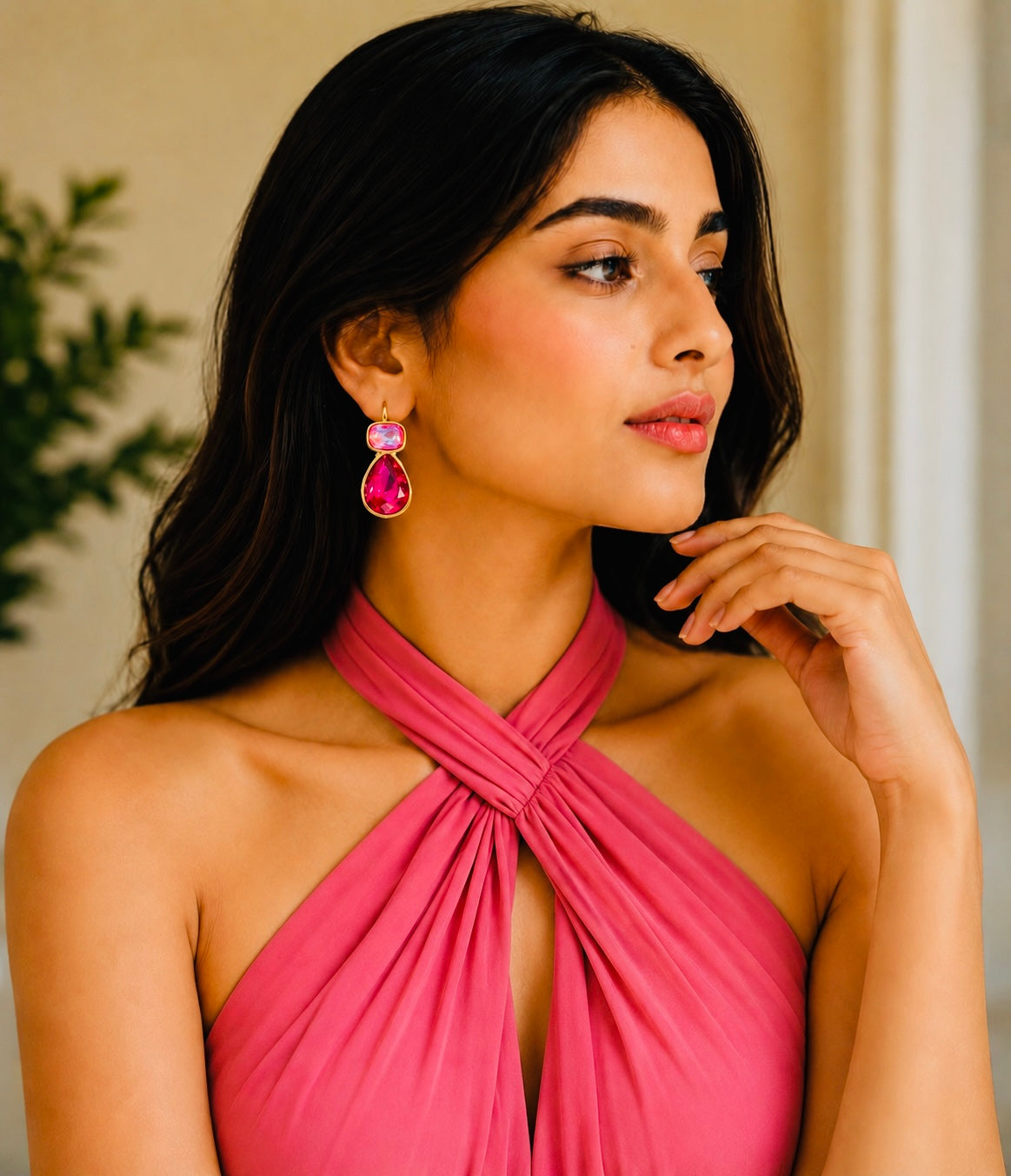Zircon Pear Drop Gold Plated Earrings Pink