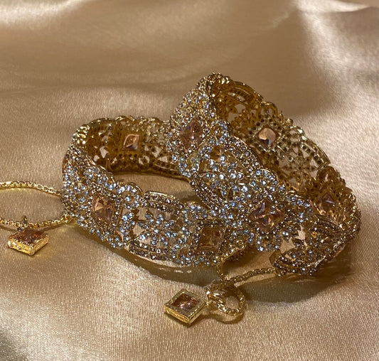 Champagne & Gold Openable Bangle Set Square Design Stone