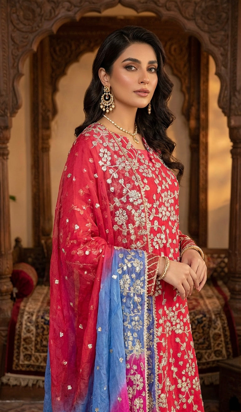 Hand Gota Work Chiffon Suit Red