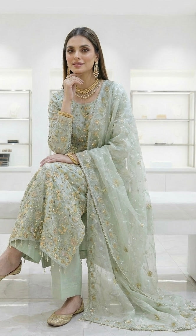 Korean Silk Cutdana 3 Piece Suit Mint