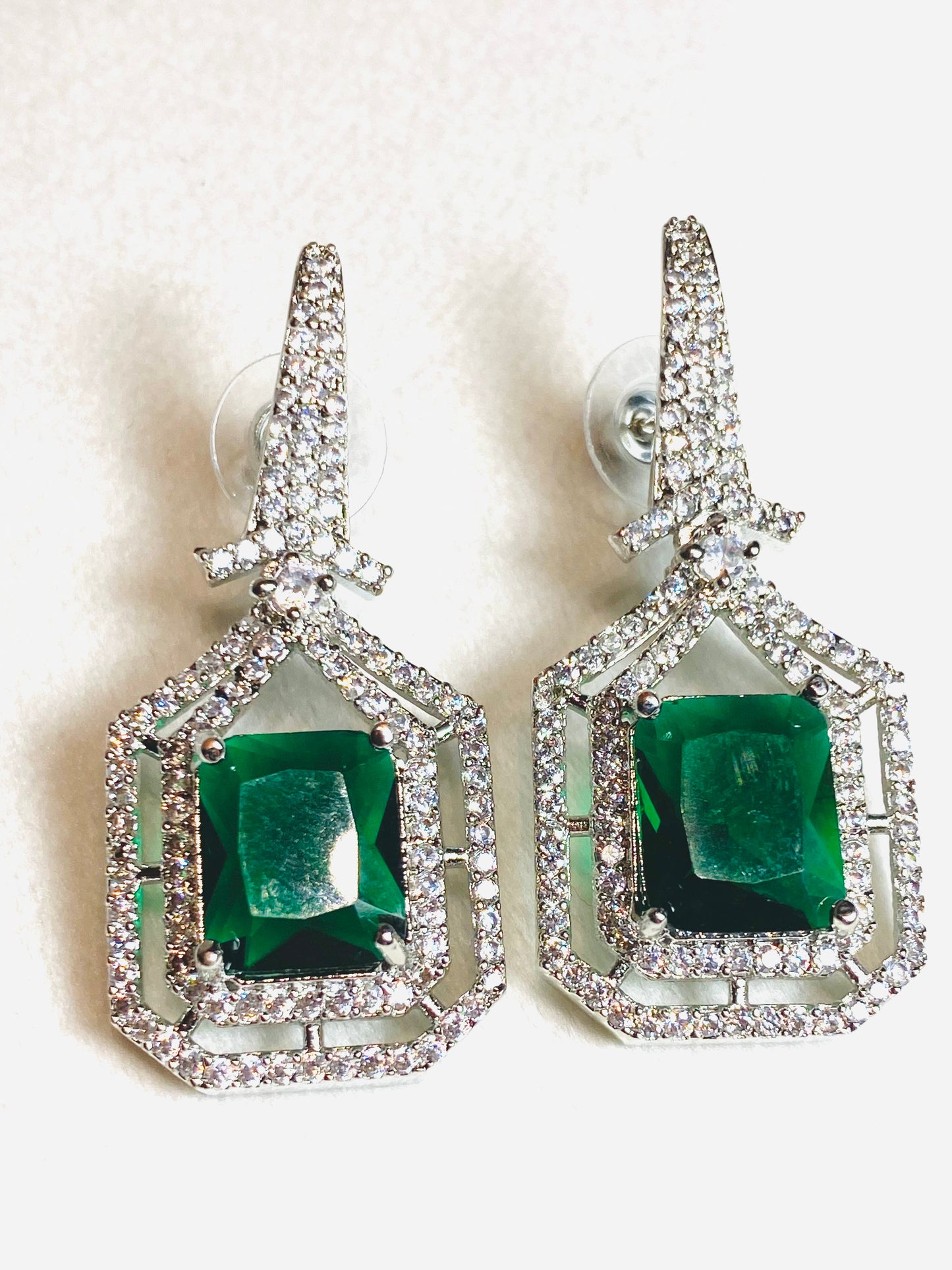 AD Green Princess Cut Silver Earrings