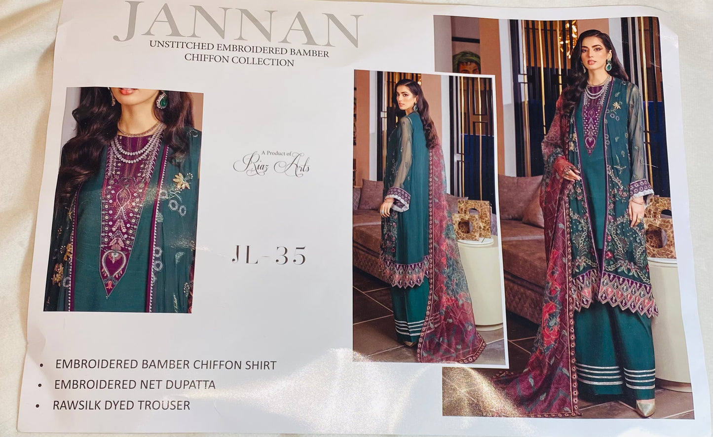 Unstitched Jannan Riyaz Arts Chiffon Embroidered Suit