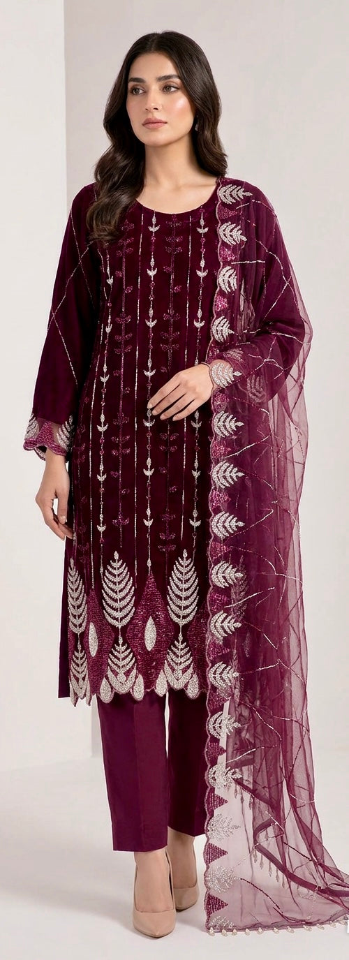 Purple Cutdana Net Suit