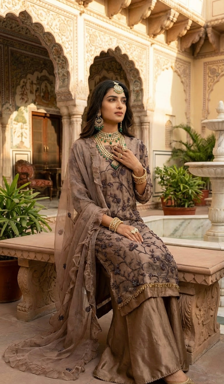 Cutdana Net Sharara Suit Mocha