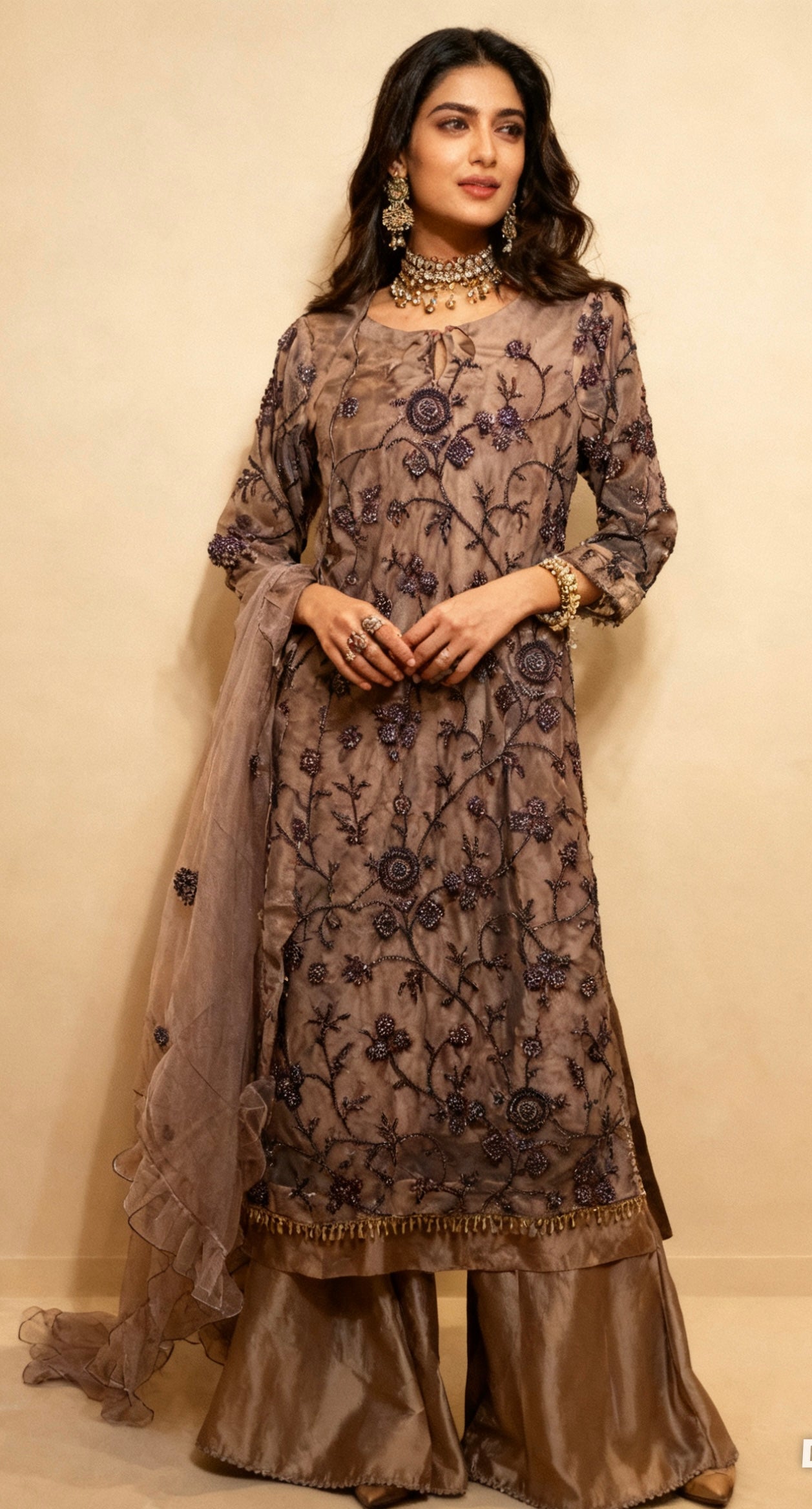 Cutdana Net Sharara Suit Mocha