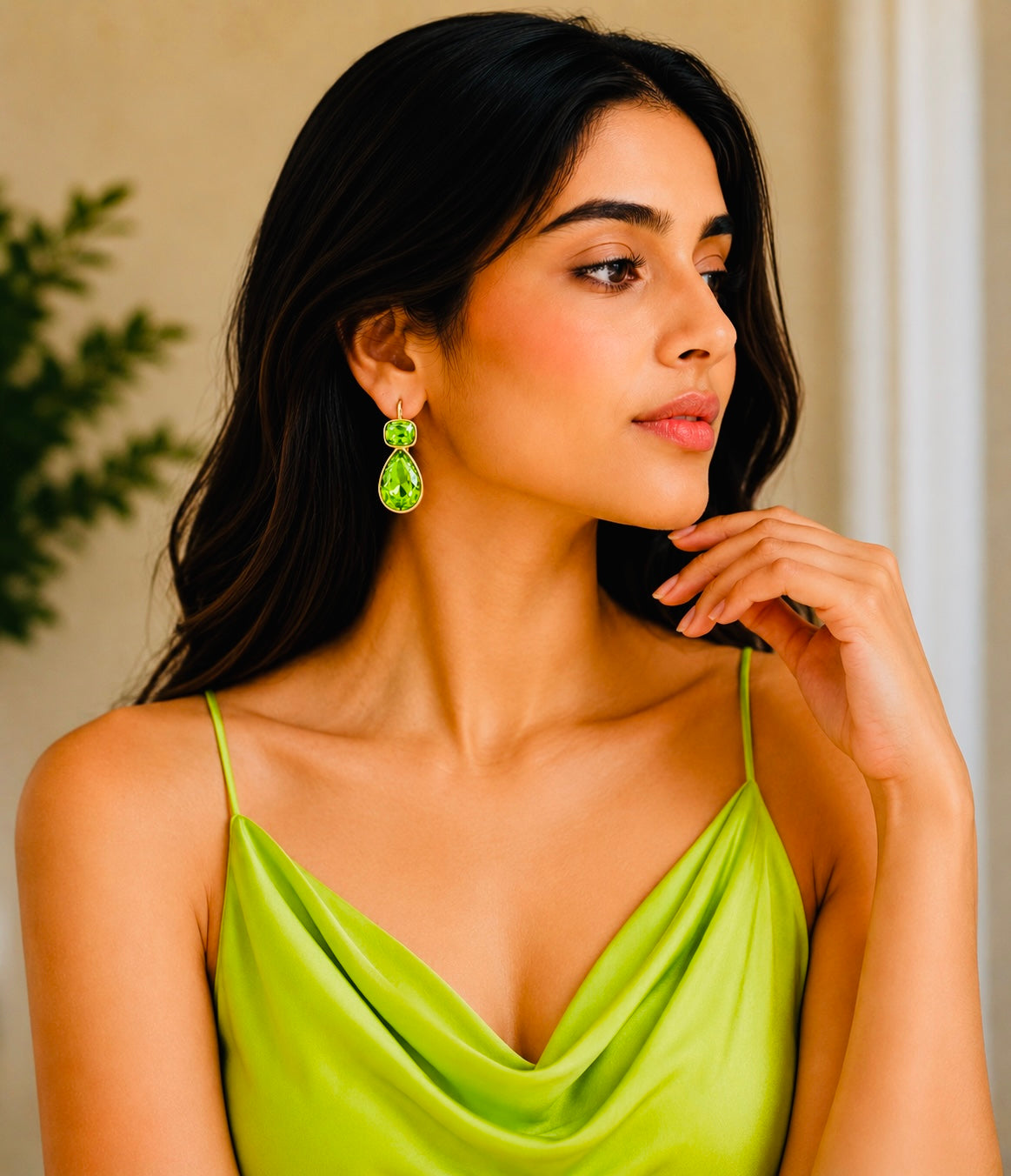 Zircon Pear Drop Gold Plated Earrings Lime