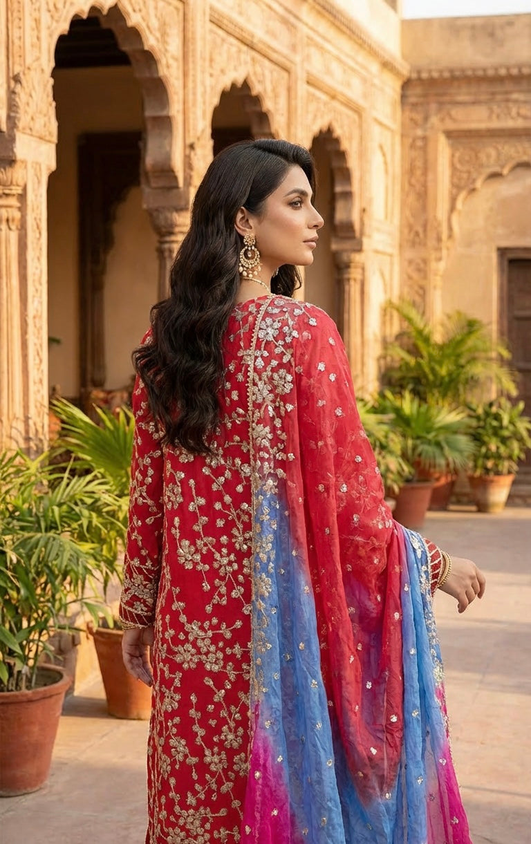 Hand Gota Work Chiffon Suit Red