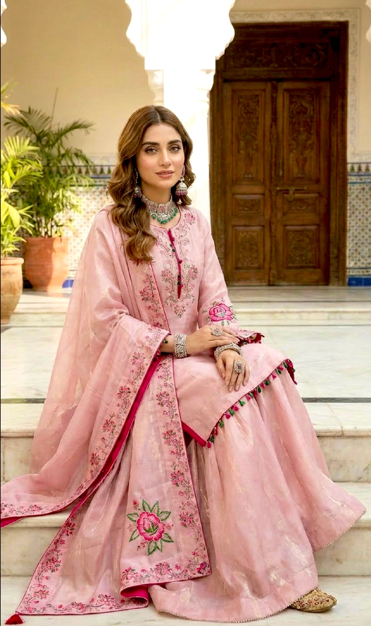 Shimmer Velvet Silk Block Print Sharara Suit Pink