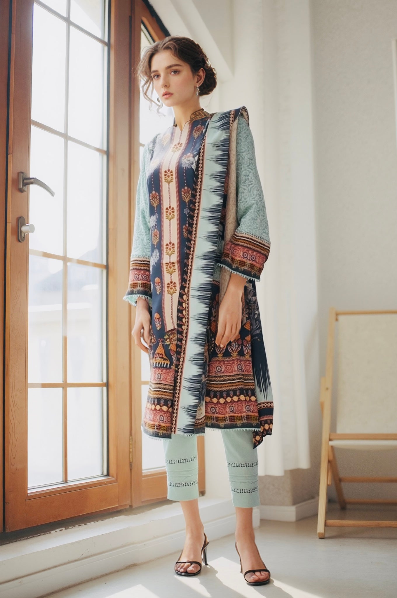 Gul Ahmed Linen 3 Piece Suit Sky Blue