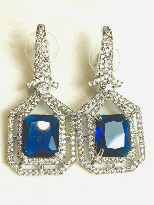 AD Blue Princess Cut Stone Silver Earrings
