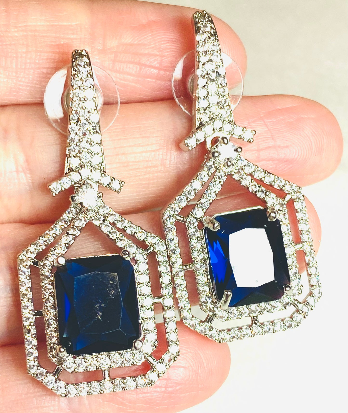 AD Blue Princess Cut Stone Silver Earrings