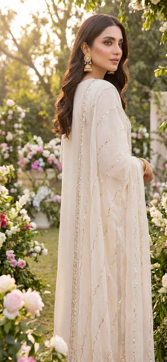 Embroidered Chiffon Suit Cream
