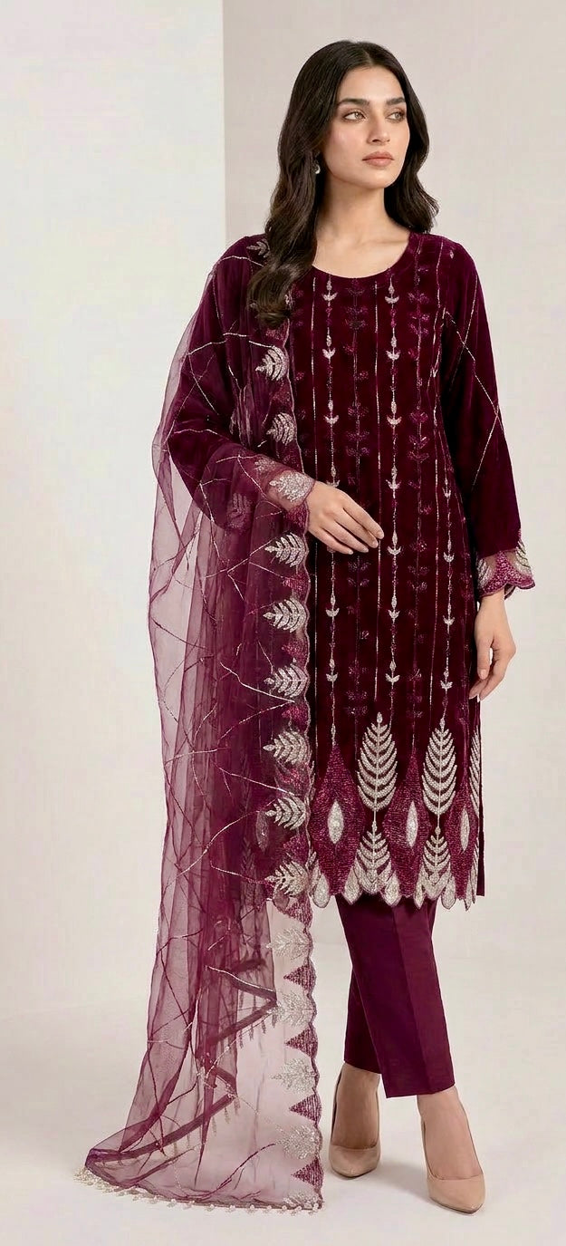 Purple Cutdana Net Suit