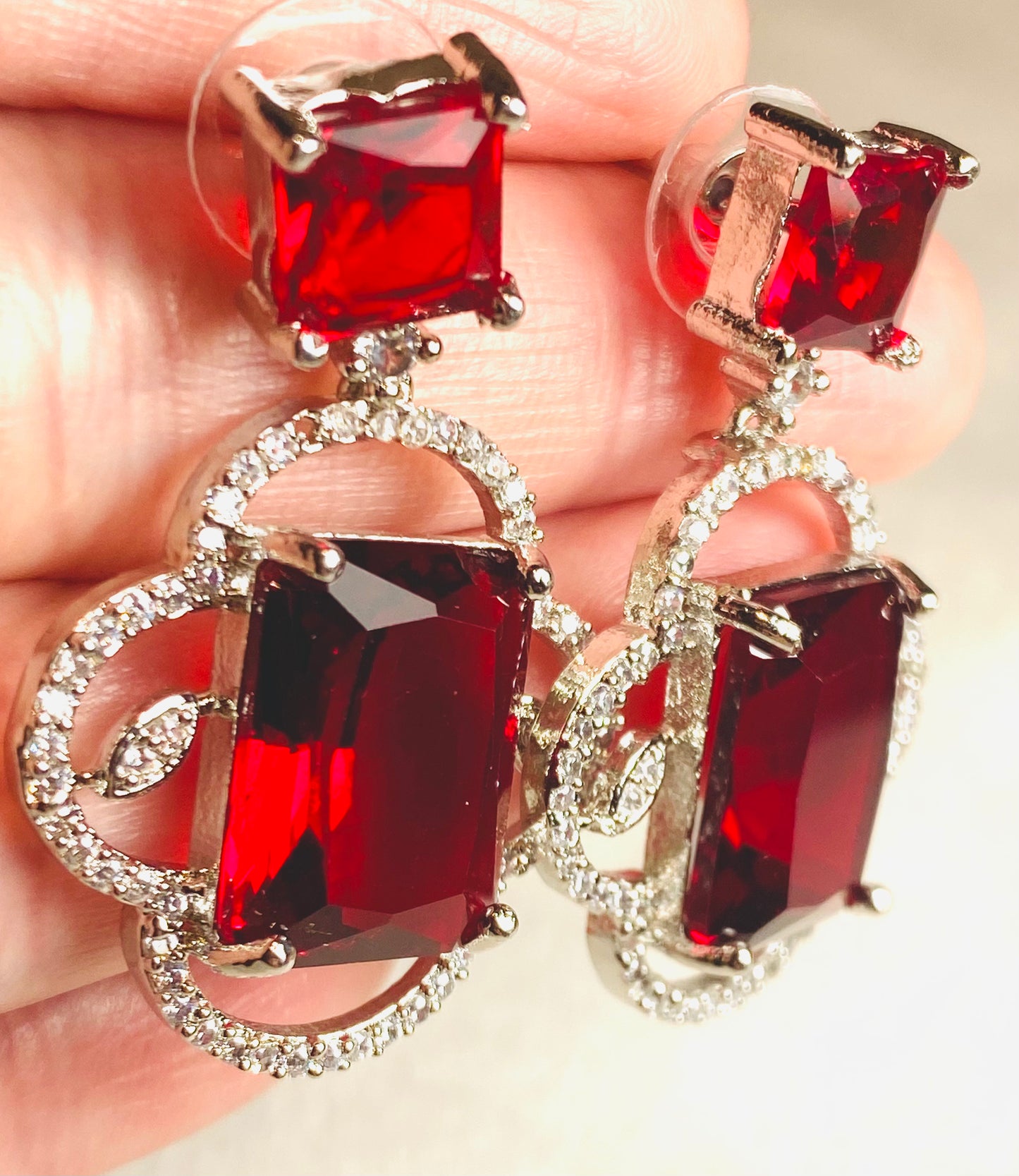 AD Red Stone Square Earrings