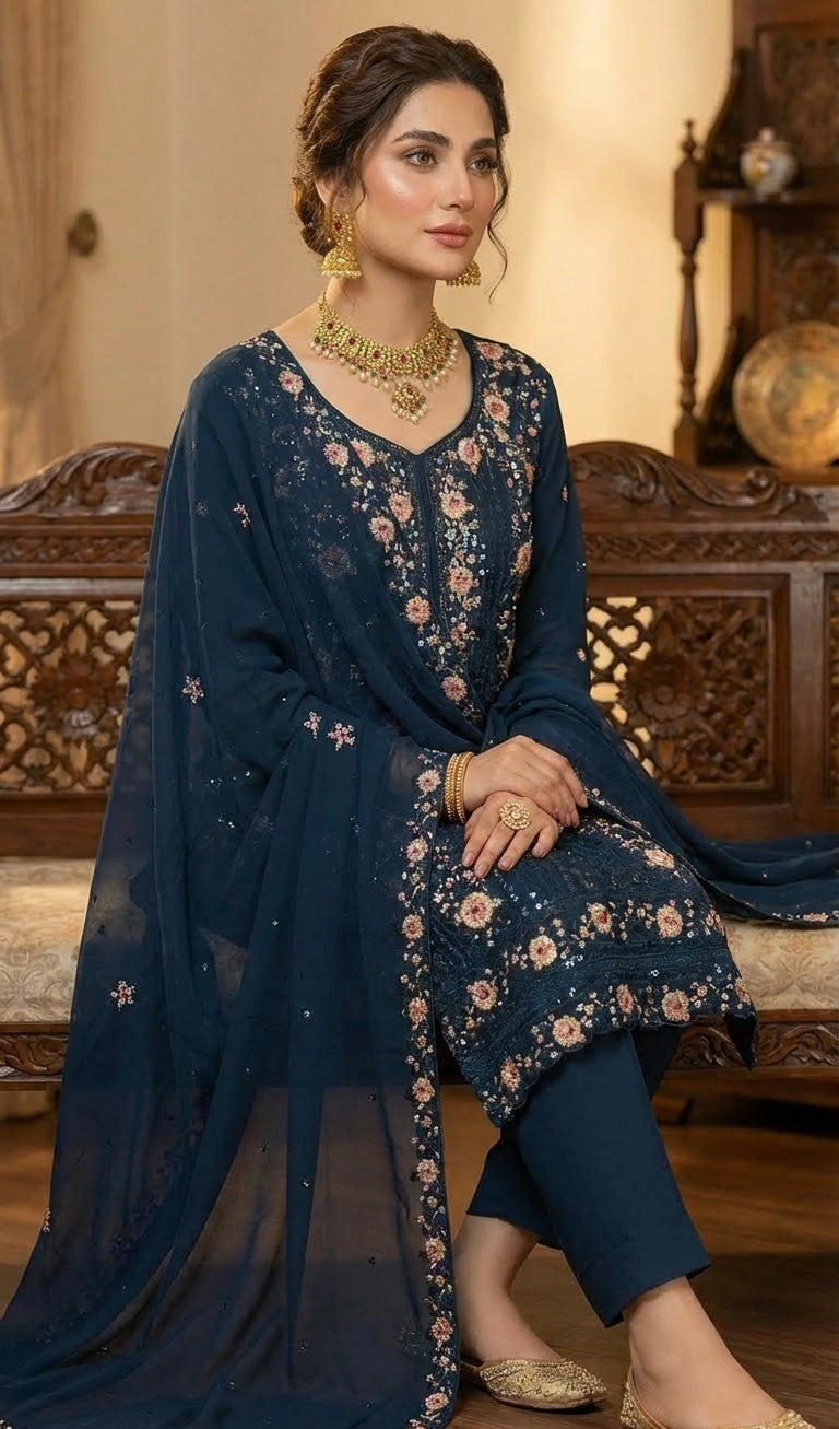 Chiffon Embroidered Sequins Suit Teal