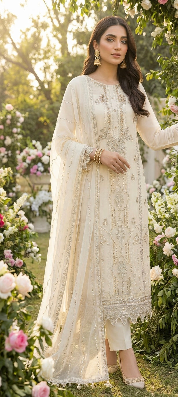 Embroidered Chiffon Suit Cream