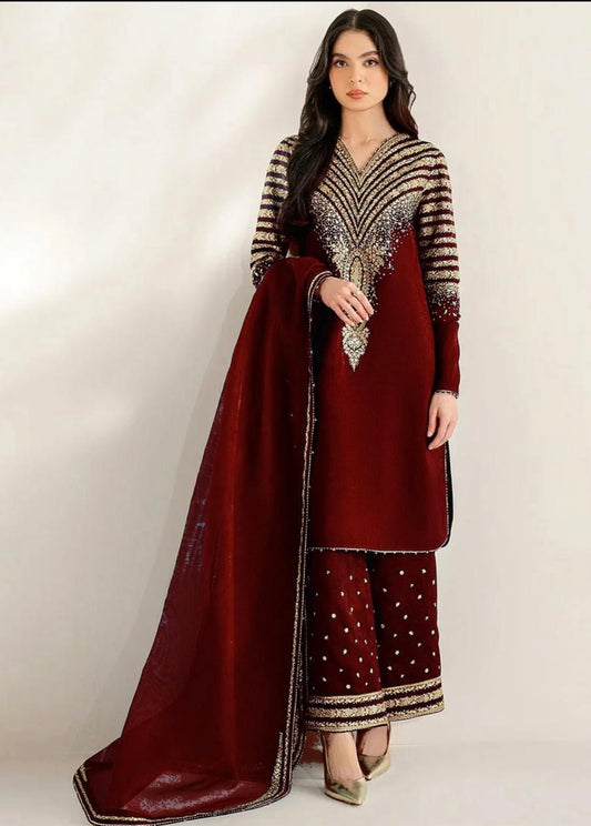 Raw Silk 3 Piece Suit Maroon