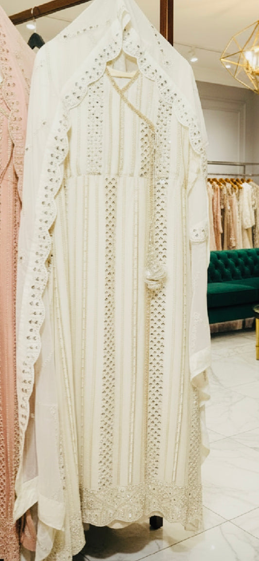 Angrakha Design Outfit in Pure Chiffon. White