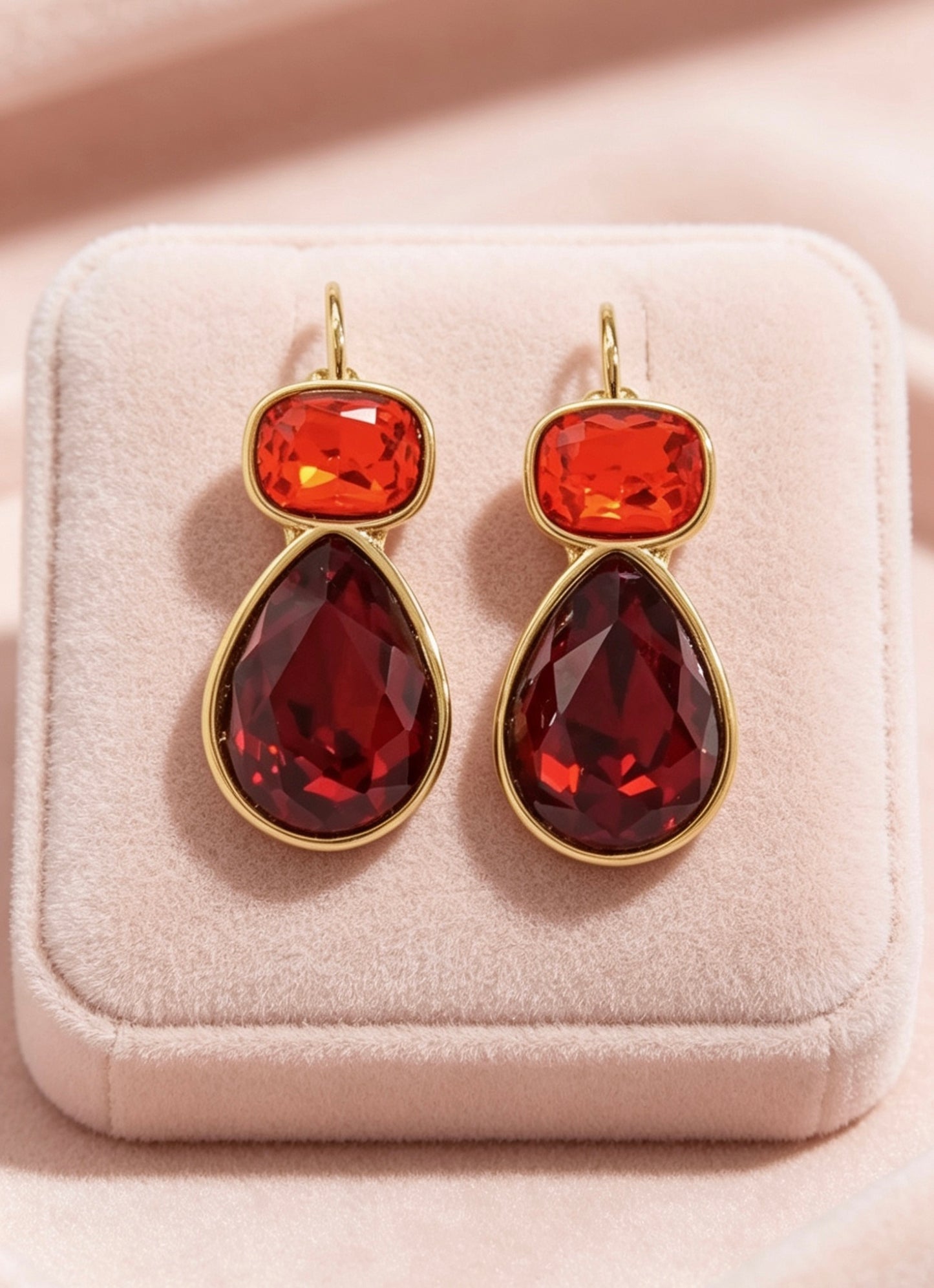 Zircon Pear Drop Gold Plated Earrings Red