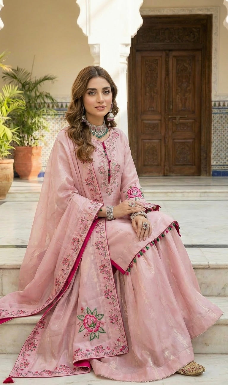 Velvet Silk Block Print Sharara Suit Pinki