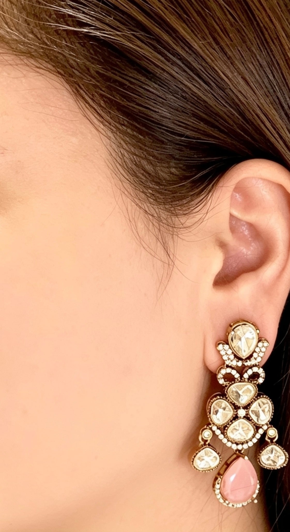 Kundan Moissanite Earrings Gold Plated Pink