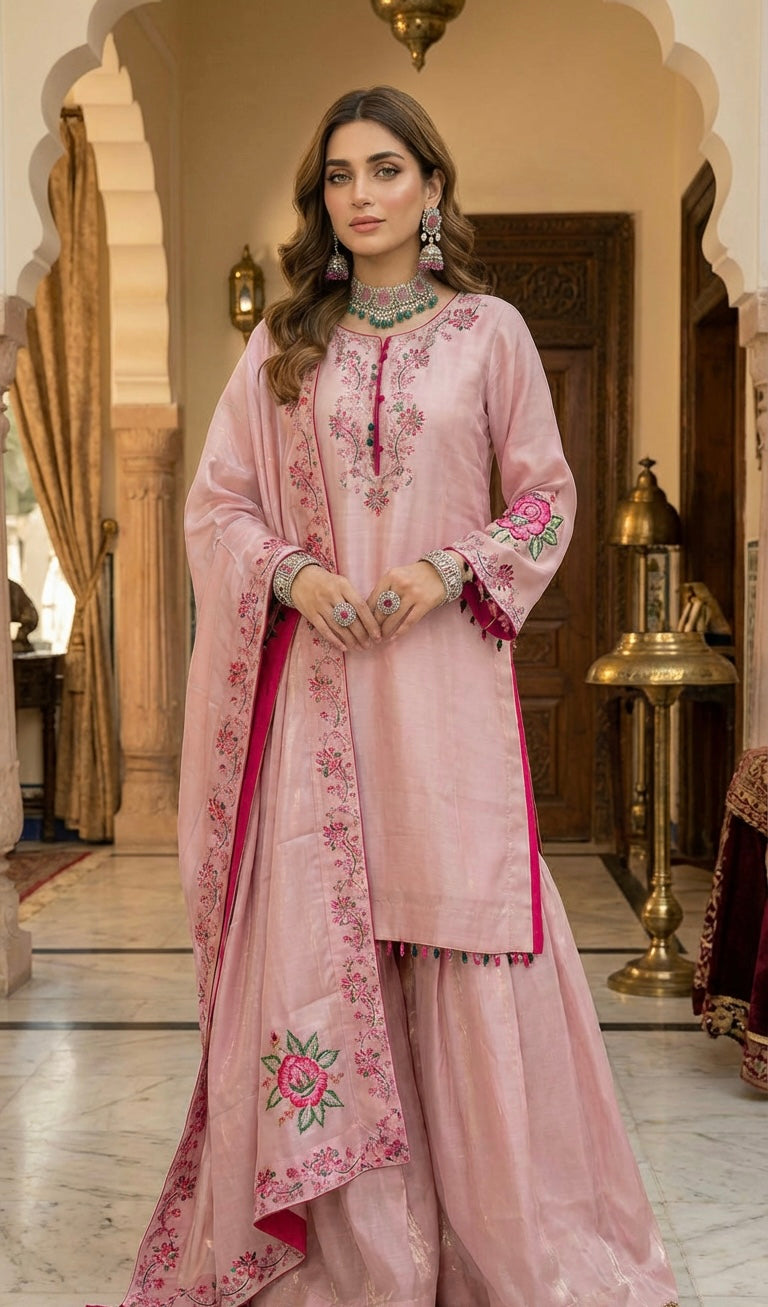 Velvet Silk Block Print Sharara Suit Pinki