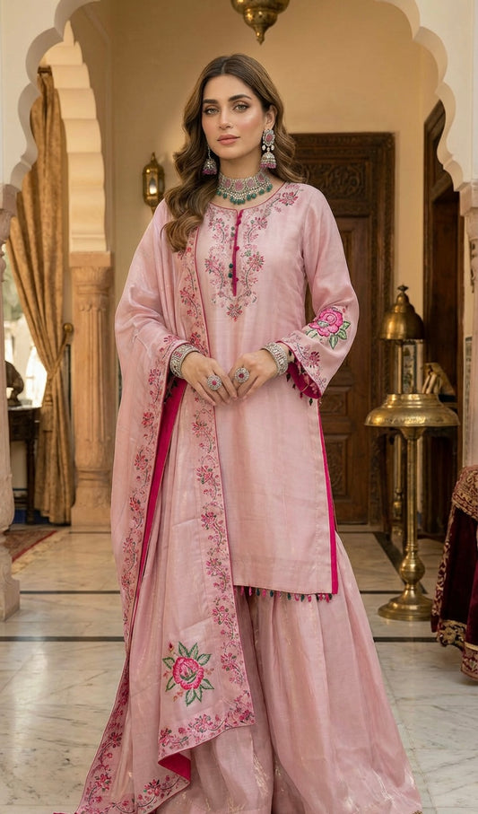 Velvet Silk Block Print Sharara Suit Pinki